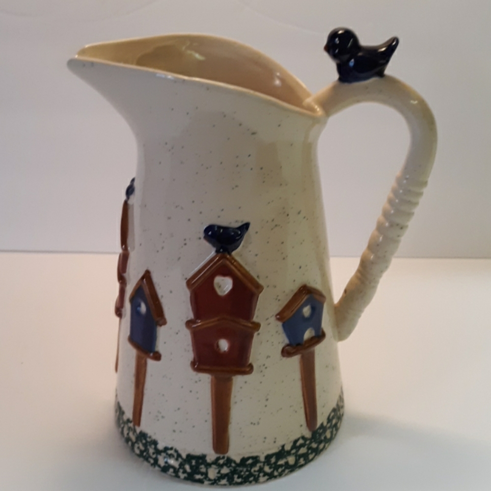 9.5"-2 Qt. pitcher-blue bird and bird house motif